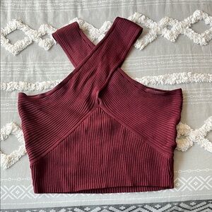 Women's Burgundy Ribbed Cross-Back Top